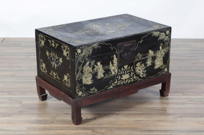 Image for Lot Chinese Gilt Black Lacquer Trunk on Stand