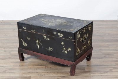 Chinese Gilt Black Lacquer Trunk on Stand