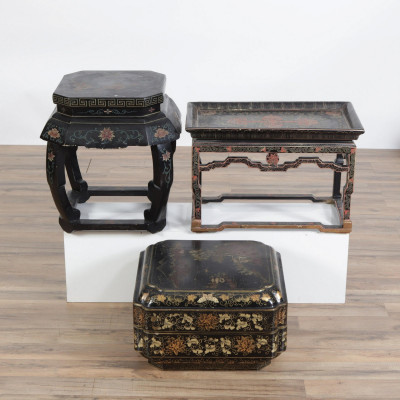 Image for Lot 2 Chinese Gilt Black Lacquer Tables & Box