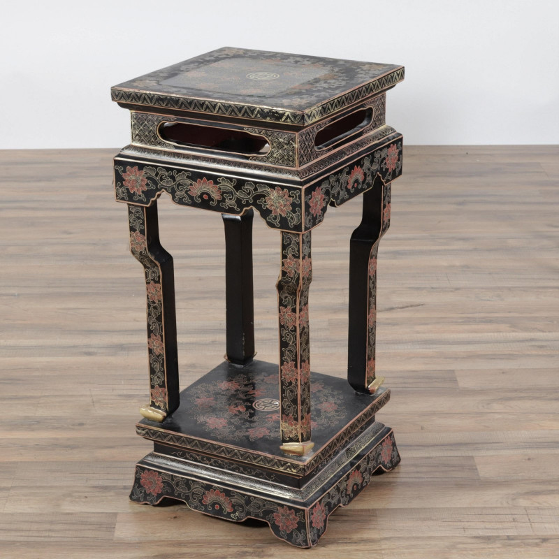 2 Chinese Gilt Polychromed Black Lacquer Pedestals