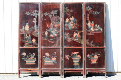 Image for Lot Chinese Stone Inlaid Carved Hardwood Screen