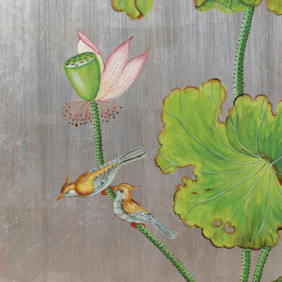 Pair Asian Style Silvered & Polychromed Panels