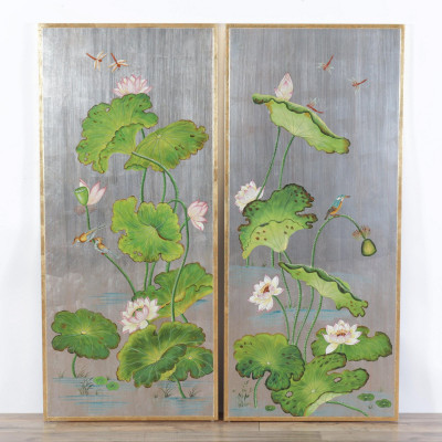 Image for Lot Pair Asian Style Silvered & Polychromed Panels