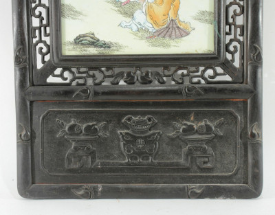 Carved Wooden Chinese Frame with Porcelain Inset