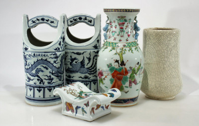 Image for Lot 4 Chinese Style Porcelain Vases and Headrest
