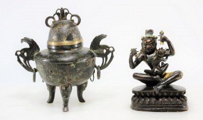 Image for Lot Chinese Bronze Covered Jar & Tibetan Figure