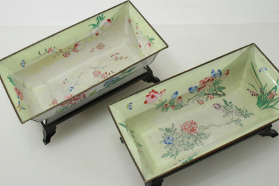 Pair Chinese Enameled Brass Jardinières on Stands
