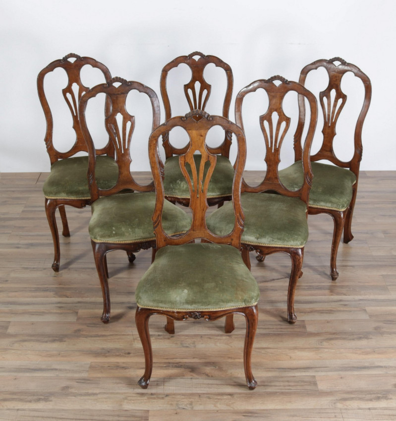 6 Italian Rococo Style Walnut Dining Chairs