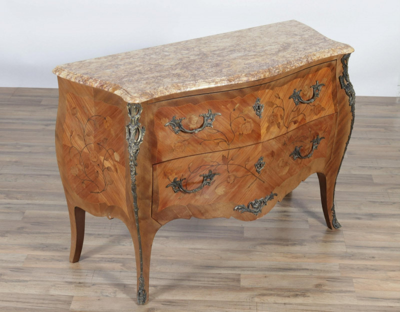 Louis XV Style Brass Mounted Marquetry Commode