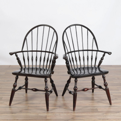 Image for Lot Pr Colonial Style Black Painted Windsor Armchairs