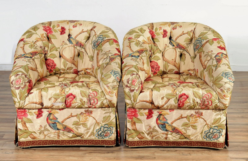 Pair Silk Taffeta Upholstered Barrel Club Chairs