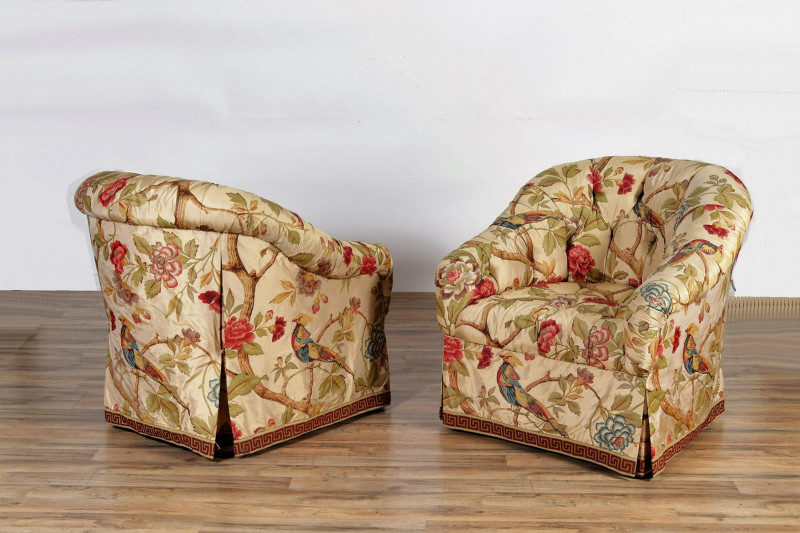 Pair Silk Taffeta Upholstered Barrel Club Chairs
