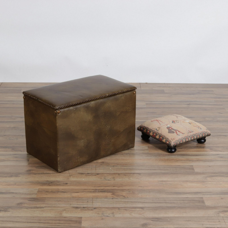 Green Leather Storage Bench & Footstool