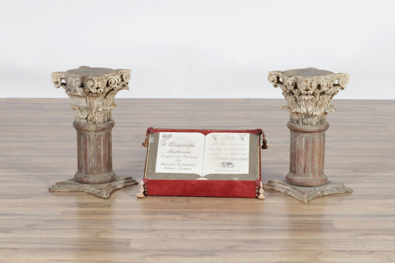 Pair Classical Style Carved Pine Pedestals & Stand