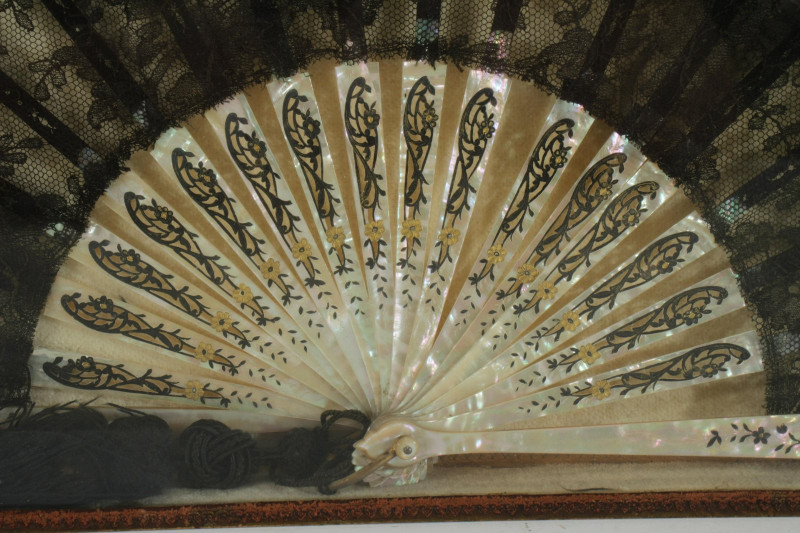 Victorian MOP Painted Lacework Fan & Shadowbox