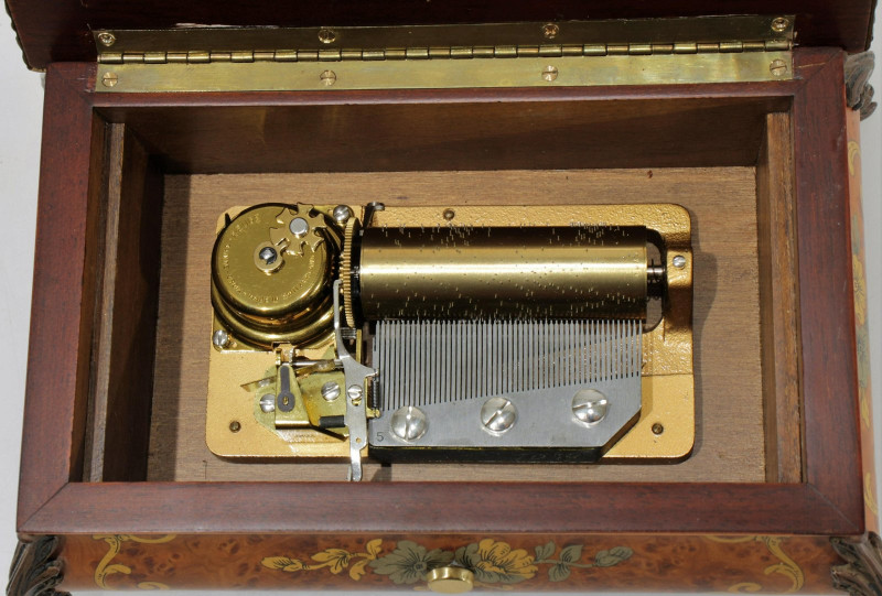 Swiss Brass Inlaid Burl Walnut Music Box