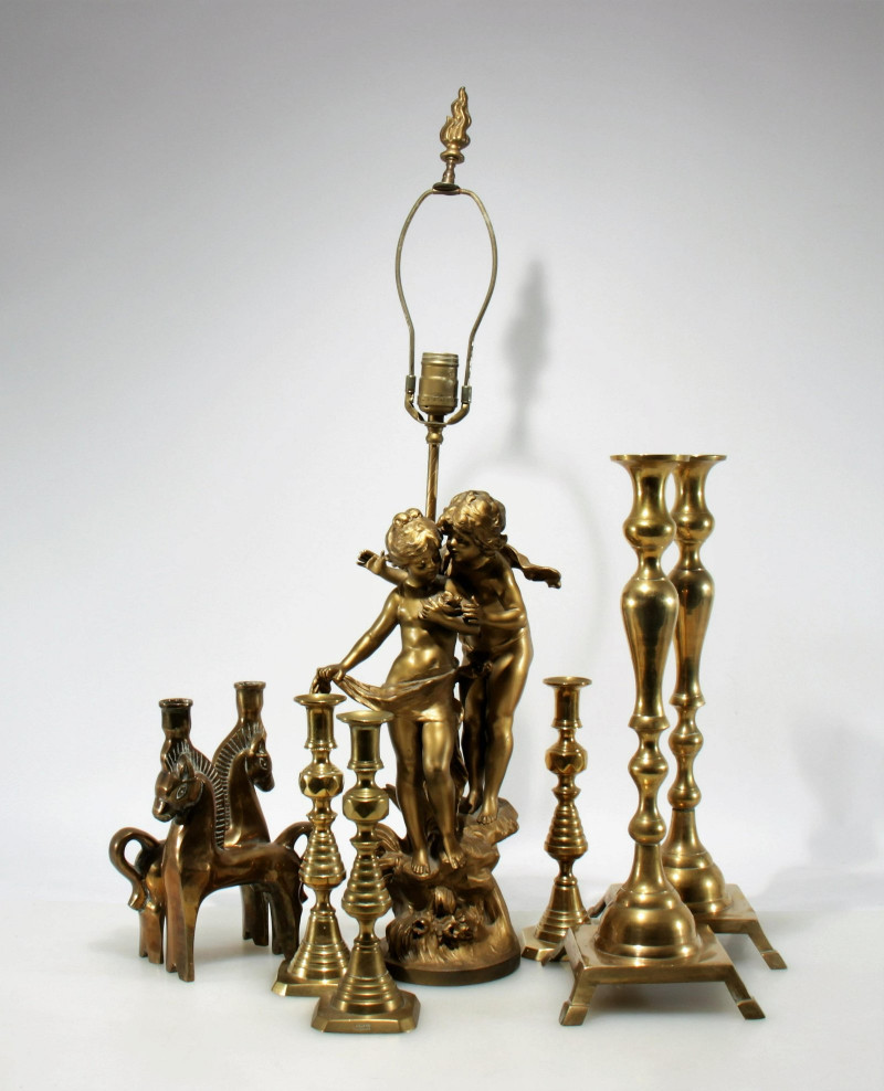 7 Brass Candlesticks and Figural Metal Lamp