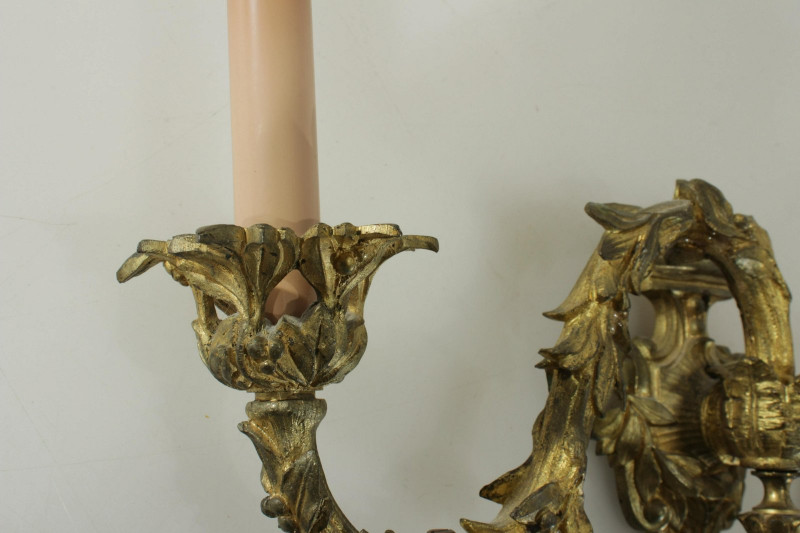 Pair Rococo Style Gilt Brass Gas Sconces, 19th C.