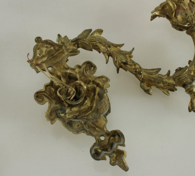 Pair Rococo Style Gilt Brass Gas Sconces, 19th C.