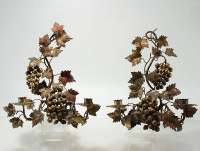Image for Lot Pair Rococo Style Gold Painted Iron Grape Sconces