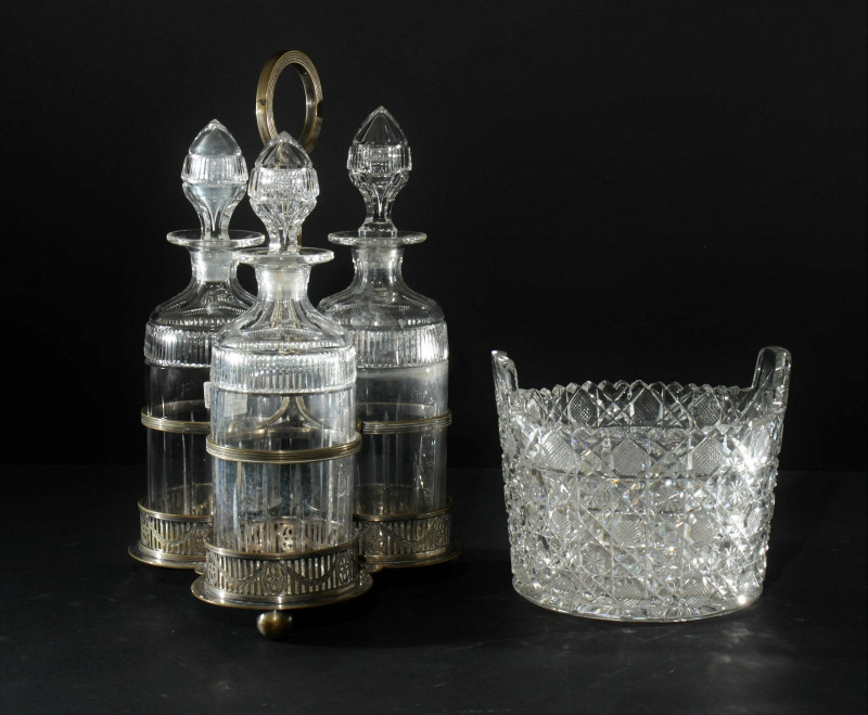 English Decanter Set and Cut Glass Ice Bucket