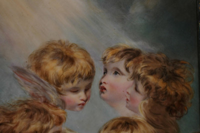French Porcelain Plaque, Putti Masks in Clouds