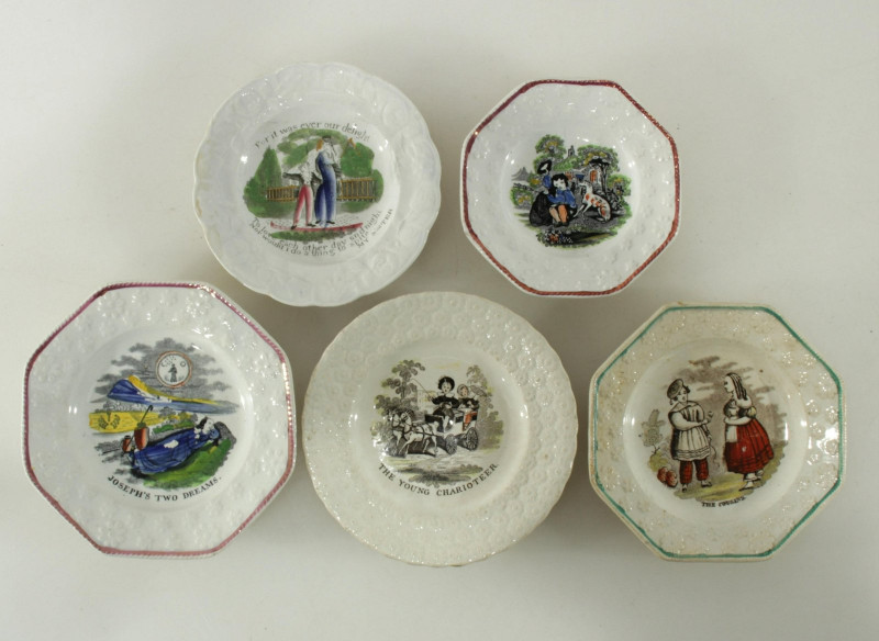 5 English Stoneware Story Plates