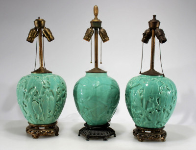 Image for Lot Three Muncie Celadon Pottery Lamps