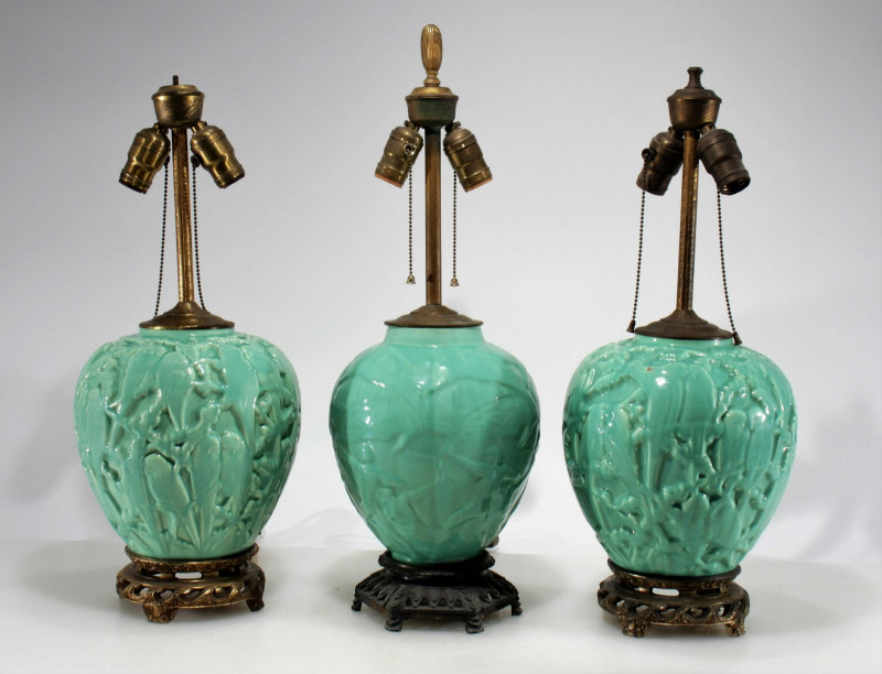Three Muncie Celadon Pottery Lamps