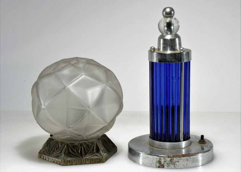 Two Art Deco Glass & Metal Table Lamps