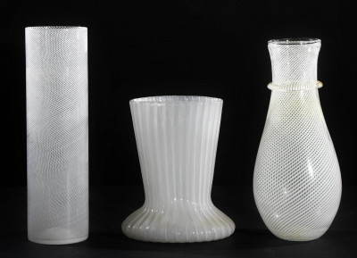 Three Murano White Ribbon Glass Vases