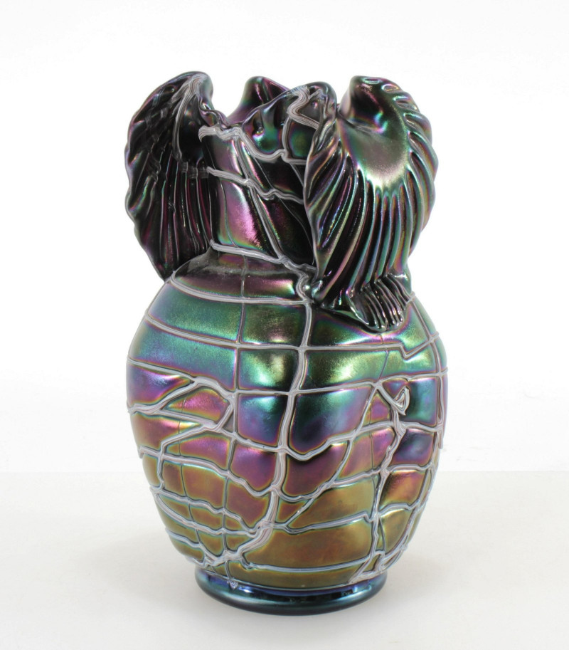 Pallme-Konig Iridescent Glass Veined Silver Vases
