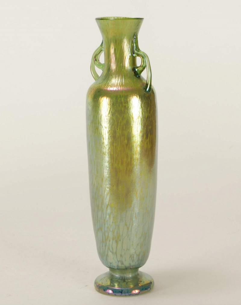 Two Loetz Green Iridescent Glass Vases