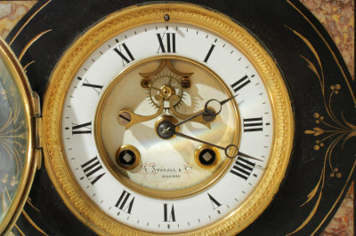 A. Stowell & Co. Inlaid Black Marble Mantel Clock