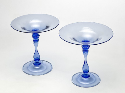 Pair of Italian Blue Soffiato Glass Compotes
