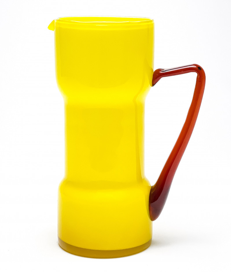 Italian Yellow Cased Glass Pitcher with Amber Handle