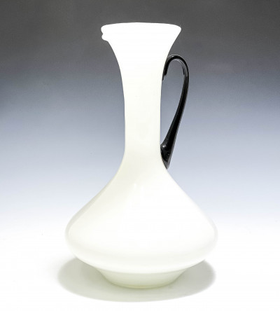 Image for Lot Italian White Cased Glass Pitcher with Black Handle