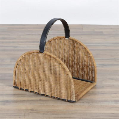 Image for Lot Jacques Adnet Style Leather & Wicker Log Caddy