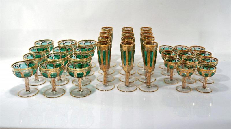 West German Gilt Green Glass Stemware