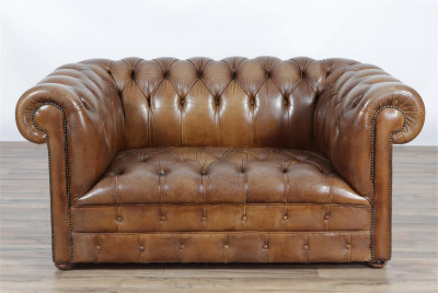 Image for Lot Chesterfield Brown Leather Loveseat 59"