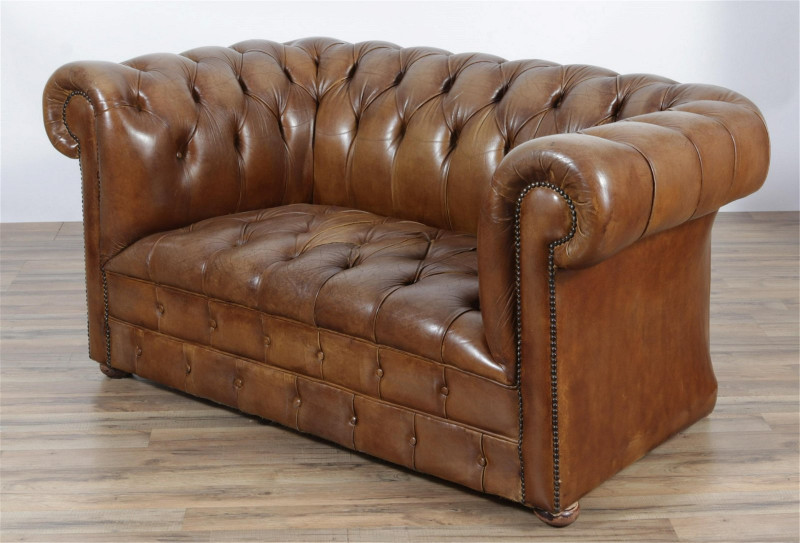 Chesterfield Brown Leather Loveseat 59"