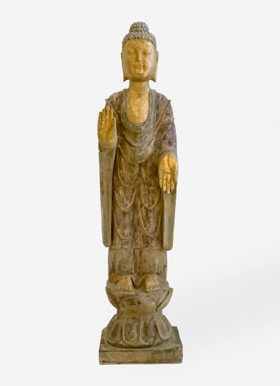 Image for Lot Chinese Gilt and Painted Stone Figure of Buddha