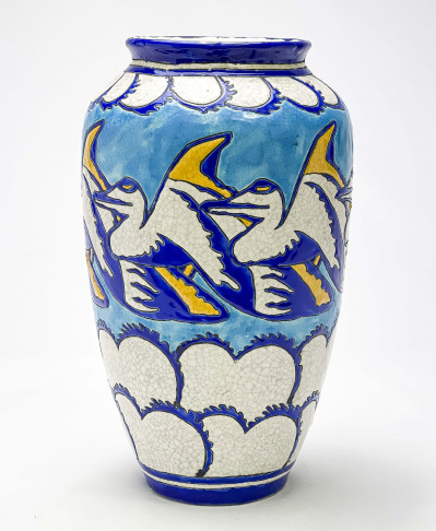 Image for Lot Boch Frères Keramis - Tall Vase with Pelican Motif
