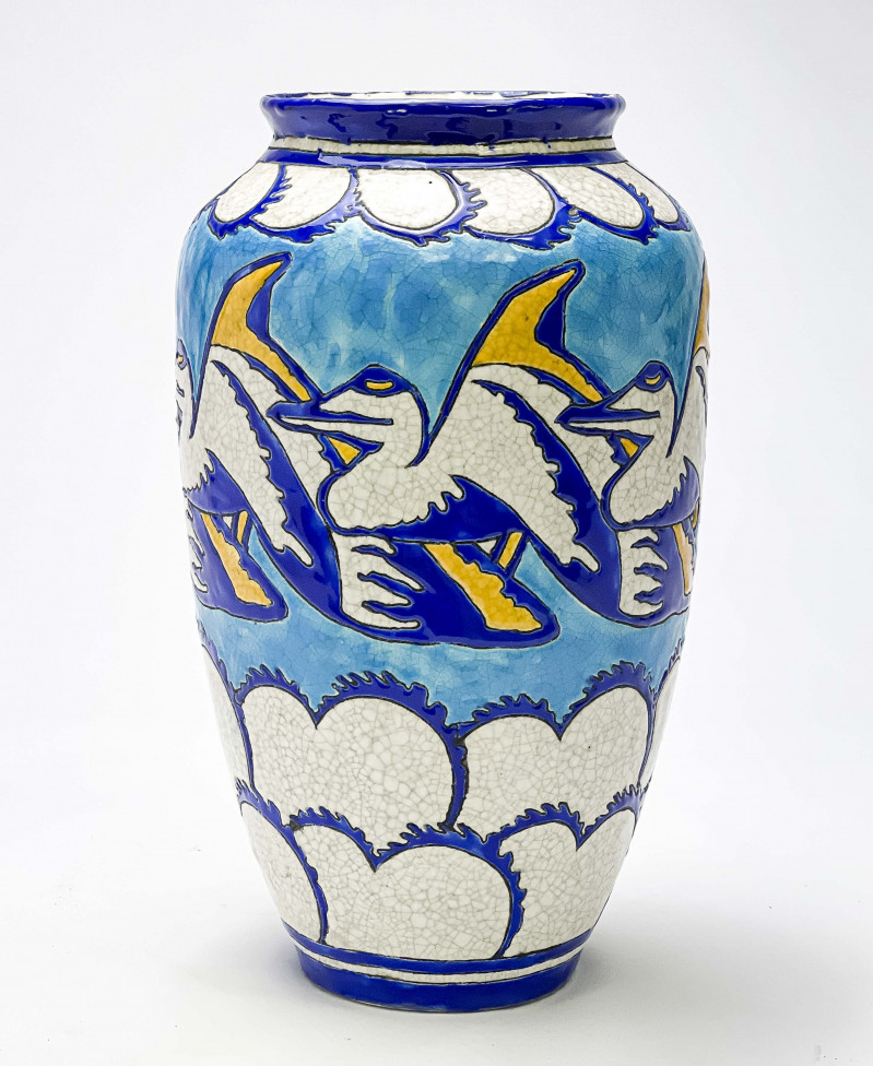 Boch Frères Keramis - Tall Vase with Pelican Motif