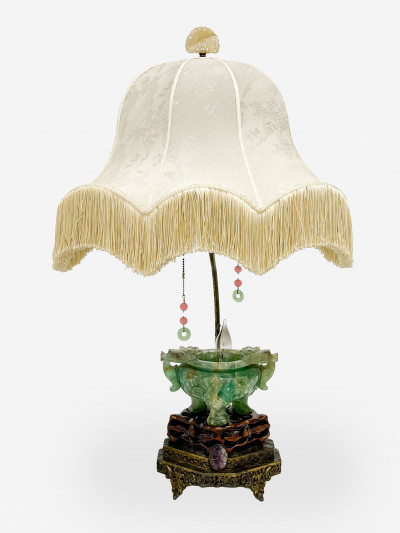 Image for Lot Chinese Carved Fluorite Tripod Censer, mounted as a lamp