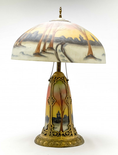 Image for Lot Reverse Painted Glass and Gilt Metal Table Lamp