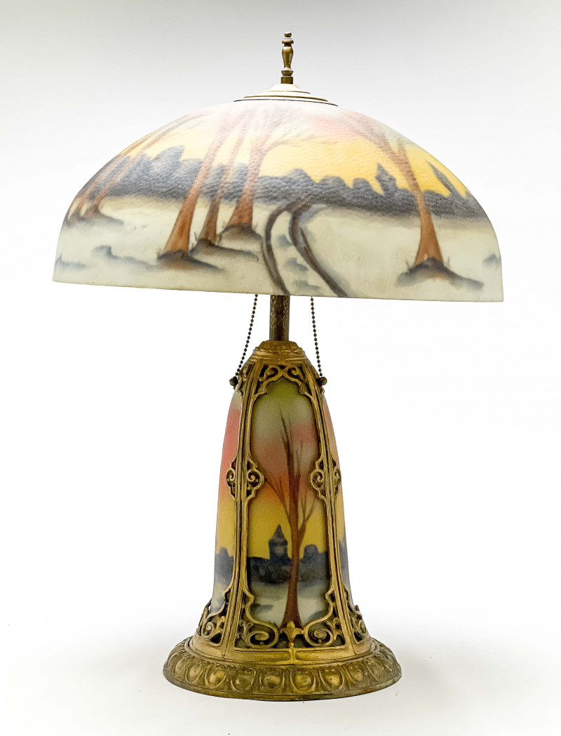 Reverse Painted Glass and Gilt Metal Table Lamp