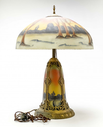 Reverse Painted Glass and Gilt Metal Table Lamp