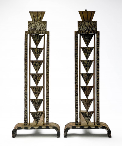 Image for Lot Pair of Art Deco Hammered Iron Andirons