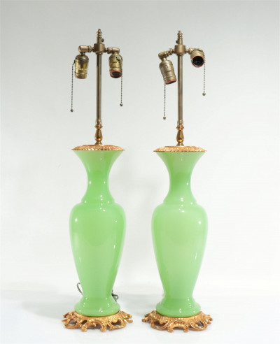 Image for Lot Pair Louis XV Style Brass & Green Opaline Glass